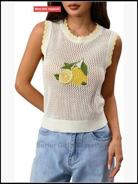 Crochet Hollow Out Cherry Print Sleeveless Tank Top Y2K